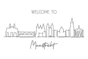 One single line drawing of Maastricht city skyline, Netherlands. Historical skyscraper landscape in world. Best holiday destination wall decor poster. Continuous line draw design vector illustration