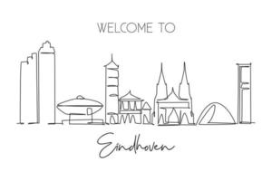 Single continuous line drawing of Eindhoven city skyline, Netherlands. Famous skyscraper and landscape postcard. World travel wall decor poster concept. Modern one line draw design vector illustration
