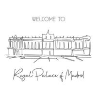 Single continuous line drawing Royal Palace of Madrid landmark. Beautiful famous place in Madrid Spain. World travel home wall decor poster art concept. Simple one line draw design vector illustration