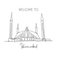 Single continuous line drawing Shah Faisal Mosque landmark. Beautiful famous place in Islambad, Pakistan. World travel home wall decor poster concept. Dynamic one line draw design vector illustration