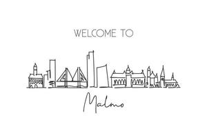 One continuous line drawing of Malmo city skyline, Sweden. Beautiful landmark postcard. World landscape tourism and travel vacation. Editable stylish stroke single line draw design vector illustration