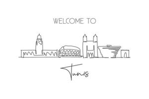 Single continuous line drawing of Tunis city skyline, Tunisia. Famous city scraper and landscape home wall decor print poster art. World travel concept. Modern one line draw design vector illustration