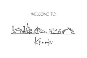 One single line drawing of Kharkiv city skyline, Ukraine. World town landscape home decor wall art poster print. Best place holiday destination. Trendy continuous line draw design vector illustration