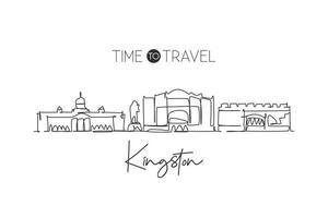 One continuous line drawing Kingston city skyline Jamaica. Beautiful landmark home wall decor poster print. World landscape tourism travel vacation. Stylish single line draw design vector illustration