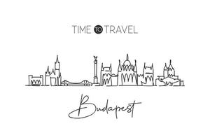 Single continuous line drawing Budapest skyline, Hungary. Famous city scraper landscape home wall decor poster print. World travel destination concept. Modern one line draw design vector illustration