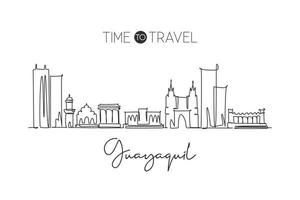 Single continuous line drawing Guayaquil city skyline Ecuador. Famous city scraper landscape postcard. World travel destination concept. Editable stroke modern one line draw design vector illustration