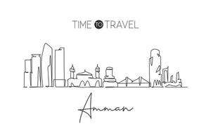 Single continuous line drawing of Amman city skyline, Jordan. Famous city scraper and landscape home decor wall art poster print. World travel concept. Modern one line draw design vector illustration