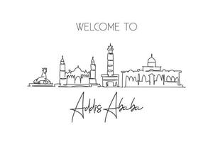 One single line drawing of Addis Ababa city skyline, Ethiopia. Historical town landscape home wall decor poster print. Best holiday destination. Trendy continuous line draw design vector illustration