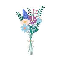 Flowers bouquet isolated. Bunch of different fresh meadow flowers and leaves plants. Vector flat illustration