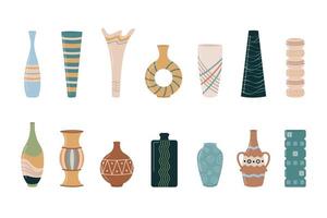 Vases vector set. Flat collection of trendy boho ceramic empty pots, jugs and vases. Interior design elements isolated