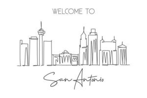 One continuous line drawing of San Antonio city skyline, USA. Beautiful landmark. World landscape tourism travel vacation poster. Editable stylish stroke single line draw design vector illustration