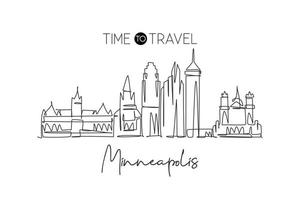 One continuous line drawing Minneapolis city skyline, United States of America. Beautiful landmark. World landscape vacation poster. Editable stylish stroke single line draw design vector illustration