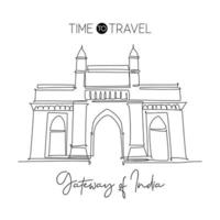 One continuous line drawing Gateway of India landmark. Monument in Mumbai India. Holiday tour and travel home wall decor art poster print concept. Modern single line draw design vector illustration