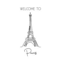 Single continuous line drawing of Eiffel Tower. Iconic landmark place in Paris, France. World travel wall decor home art poster print concept. Modern one line draw design vector graphic illustration