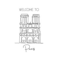 One single line drawing Notre-Dame landmark. World iconic famous place in Paris France. Tourism travel postcard wall home decor poster art print. Modern continuous line draw design vector illustration