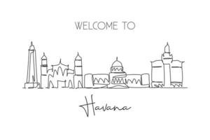 One continuous line drawing Havana city skyline, Cuba. Beautiful landmark postcard print. World landscape tourism travel vacation. Editable stylish stroke single line draw design vector illustration