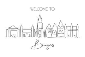 Single continuous line drawing of Bruges city skyline, Belgium. Famous skyscraper landscape. World travel home wall decor poster print concept. Editable modern one line draw design vector illustration