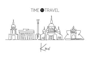 One continuous line drawing of Kiev city skyline, Ukraine. Beautiful landmark. World landscape tourism travel vacation poster print. Editable stylish stroke single line draw design vector illustration