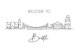 Single continuous line drawing of Bristol city skyline. Famous city skyscraper and landscape. World travel wall home decor poster print art concept. Modern one line draw design vector illustration