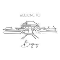 One single line drawing Forbidden City landmark. World iconic place in Beijing China. Tourism travel postcard home art wall decor poster concept. Modern continuous line draw design vector illustration