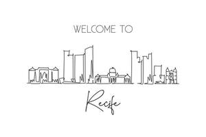 One single line drawing of Recife city skyline, Brazil. World historical town landscape postcard. Best place holiday destination. Editable stroke trendy continuous line draw design vector illustration