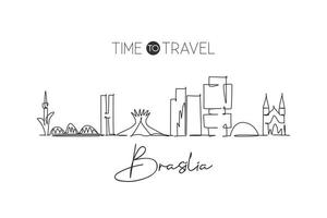 Single continuous line drawing of Brasilia skyline, Brazil. Famous city scraper landscape. World travel destination wall decor poster print art concept. Modern one line draw design vector illustration