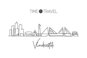 One continuous line drawing Vladivostok city skyline, Russia. Beautiful landmark home decor poster print. World landscape tourism travel vacation. Stylish single line draw design vector illustration