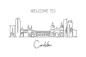 Single continuous line drawing of Cordoba city skyline, Argentina. Famous city scraper landscape postcard print art. World travel destination concept. Modern one line draw design vector illustration