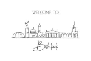 One continuous line drawing of Bishkek city skyline, Kyrgyzstan. Beautiful landmark. World landscape tourism and travel vacation. Editable stylish stroke single line draw design vector illustration