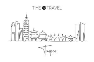 Single continuous line drawing of Taipei city skyline, Taiwan. Famous city scraper and landscape home wall decor art poster print. World travel concept. Modern one line draw design vector illustration