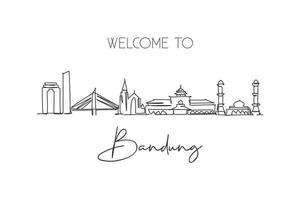 One continuous line drawing of Bandung city skyline, India. Beautiful city landmark. World landscape tourism and travel vacation. Editable stylish single line draw design graphic vector illustration