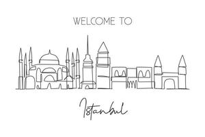 Single continuous line drawing of Istanbul city skyline, Turkey. Famous city scraper landscape. World travel wall decor home art poster print concept. Modern one line draw design vector illustration