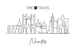 One single line drawing of Nantes city skyline, France. Historical skyscraper and landscape in world. Best holiday destination wall decor poster. Trendy continuous line draw design vector illustration