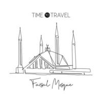 One single line drawing Shah Faisal Mosque landmark. Famous iconic in Islamabad Pakistan. Tourism travel postcard home wall decor poster concept. Modern continuous line draw design vector illustration