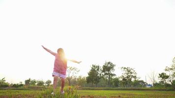 garota gorda asiática correndo no campo, aproveite as férias, correndo para a câmera na grama no grande parque com muitas árvores e luz solar. belo conceito de natureza video
