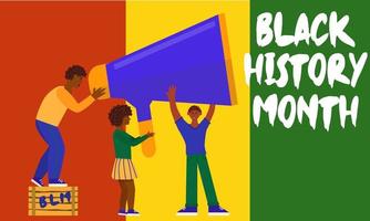 African American History or Black History Month. Celebrated in February in the USA and Canada. Young people hold megafon together. social problems of racism. Right of Black people. Flat illustration vector