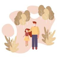 Handsome father with his daughter walking in the autumn park in mask. Virus protection concept, protect kid, stop the Coronavirus, health care. Covid-19 or influenza flat illustration vector
