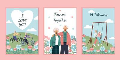 Happy St Valentine Day Celebration.14th February postcard with cute senior couple, flowers, heart. Elderly man and woman riding bicycles, swing, hug each other.Flat vector illustration, trendy colors