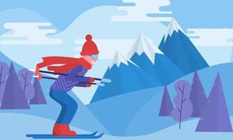 Active winter vacation sports. Resort activity. Skiing winter landscape design. Travel outdoor,cold and holiday. Skier in the mountains. Winter mood flat concept vector