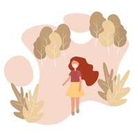 niña con una máscara caminando en el parque de otoño. concepto de protección antivirus, proteger a los niños, detener el coronavirus, atención médica. covid-19 o ilustración plana de influenza vector