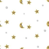 seamless golden glitter  moon and star with smile face pattern background , wink vector pattern ,kids pattern