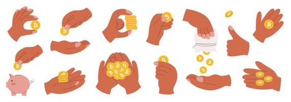 Big collection of hands with bitcoins vector