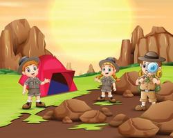 The explorer kids camping out in the nature vector