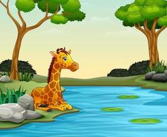 Giraffe cartoon enjoying nature by the river vector