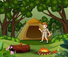 Young scout in the camping zone scene vector