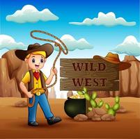Cowboy twirling a lasso in wild west background vector