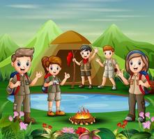 Group of young scout girls and boys are exploring in nature vector