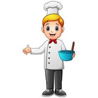 Cute young chef in uniform holding mixing bowl and a whisk vector