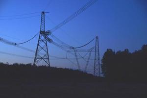 High voltage power line in the evening in the forest photo