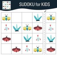 juego de sudoku para niños con imágenes. dibujos animados de mariposas, insectos y elementos del mundo natural. vector. vector